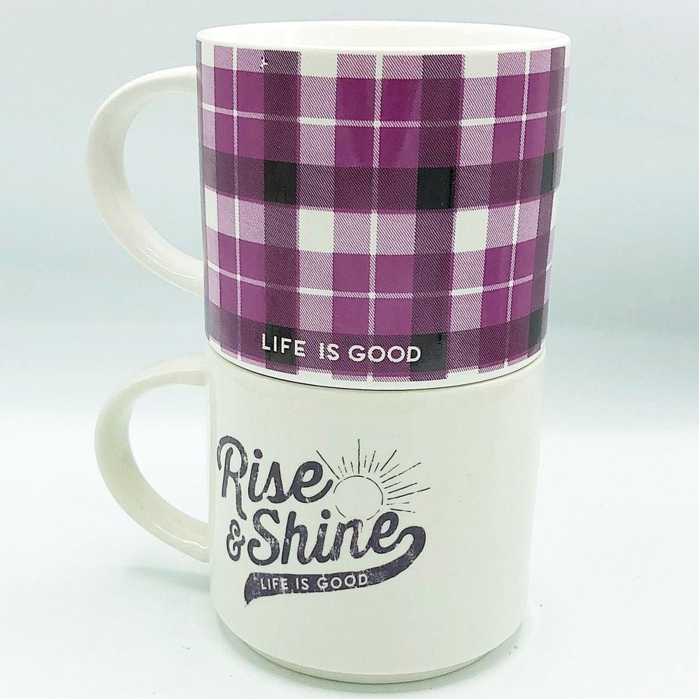 Set of 2 Life is Good Stackable Rise & Shine and Purple Plaid Mugs